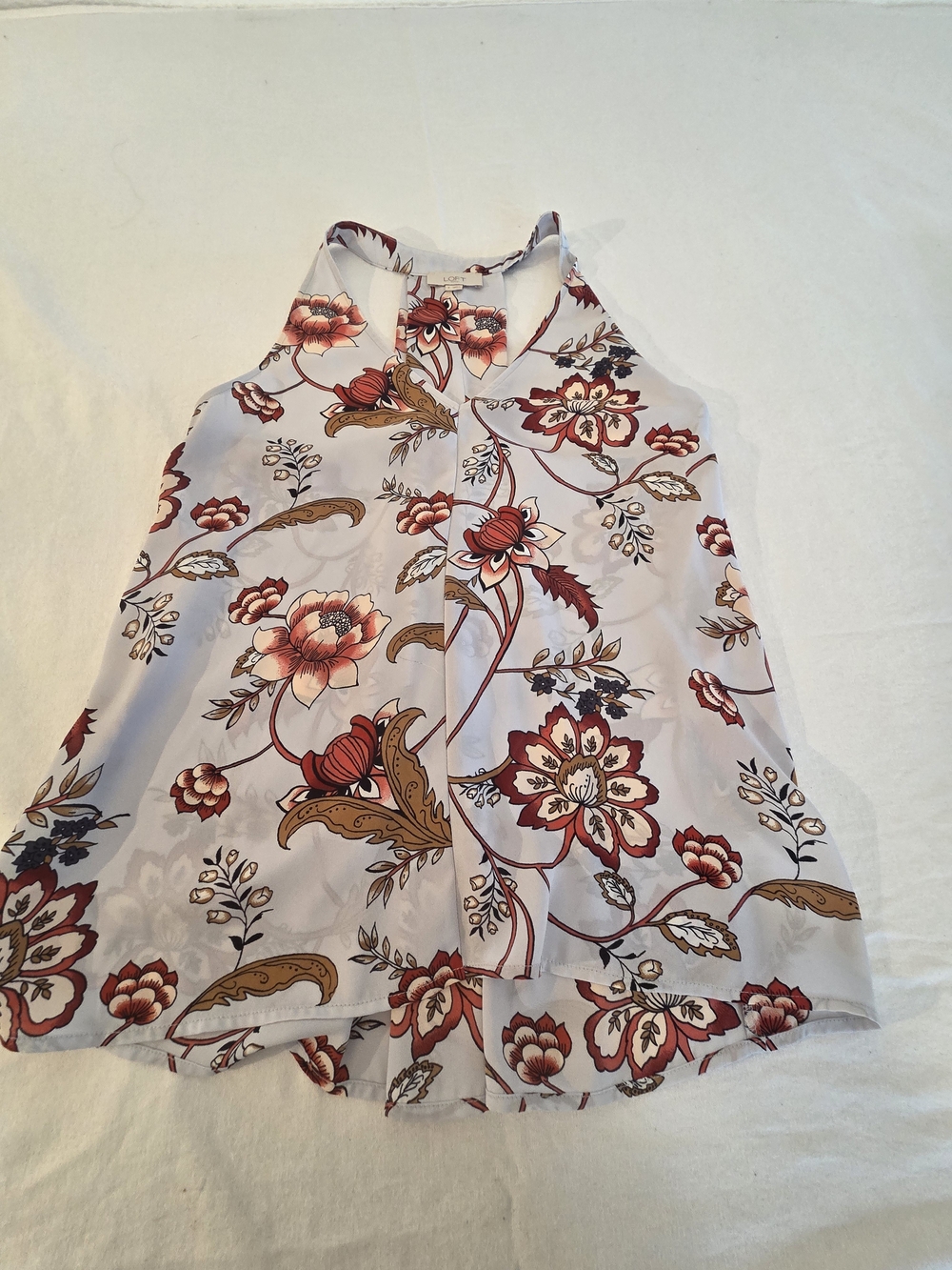 LOFT Floral Halter Top in Light Gray with Coral and Brown Blooms